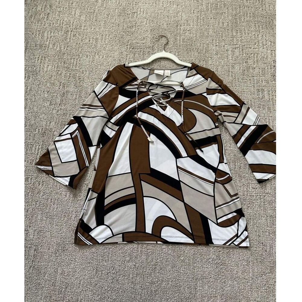 Chico’s Size 1 Abstract Print Lace-Up Brown Black Cream 3/4 Sleeve Stretch Top - Picture 4 of 8